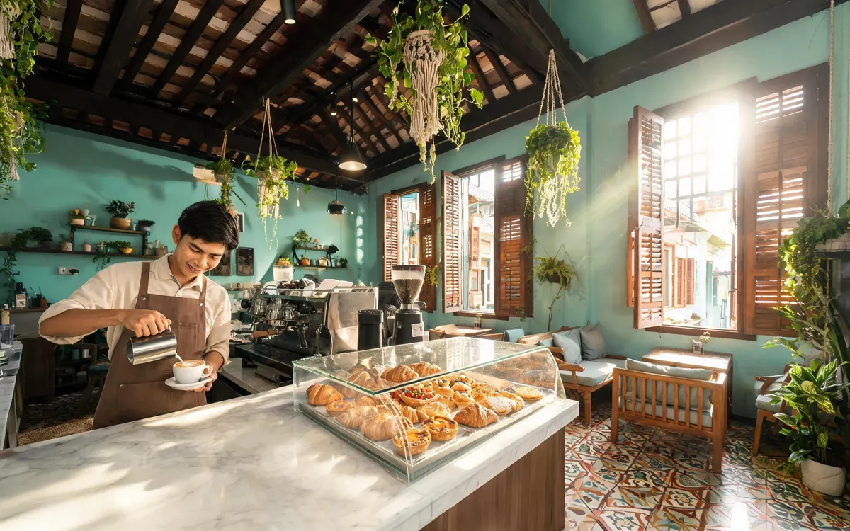 AI-generated website hero photo: barista pouring latte art in a turquoise heritage shophouse café
