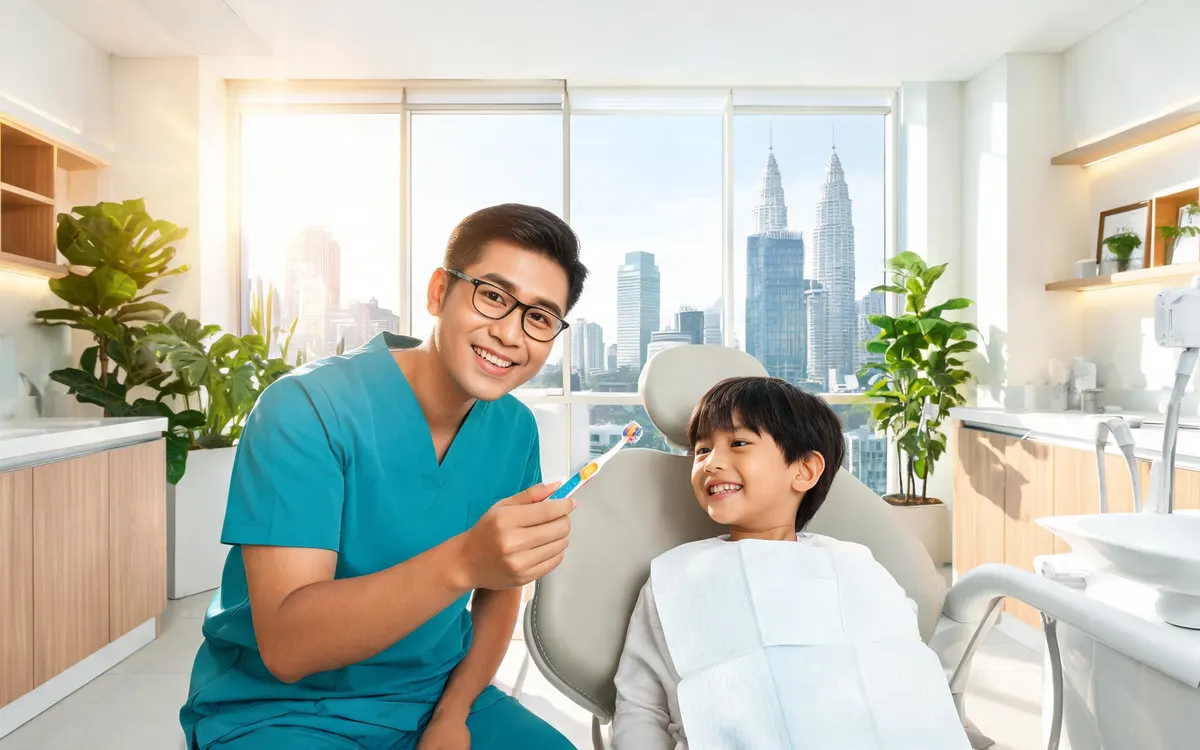 AI-generated website hero photo: friendly dentist with a young patient in a bright KL clinic