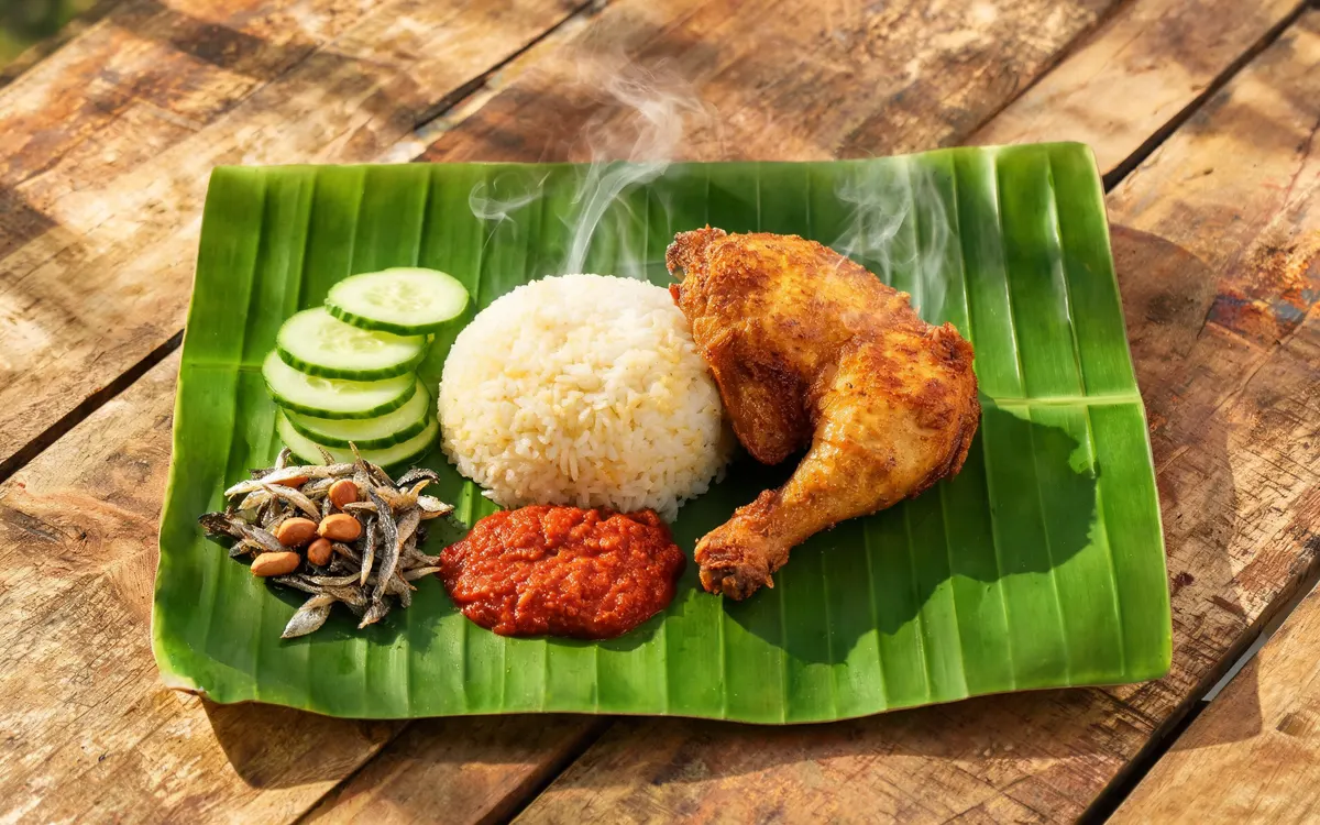 AI-generated website hero photo: nasi lemak on a banana leaf at a Malaysian warung