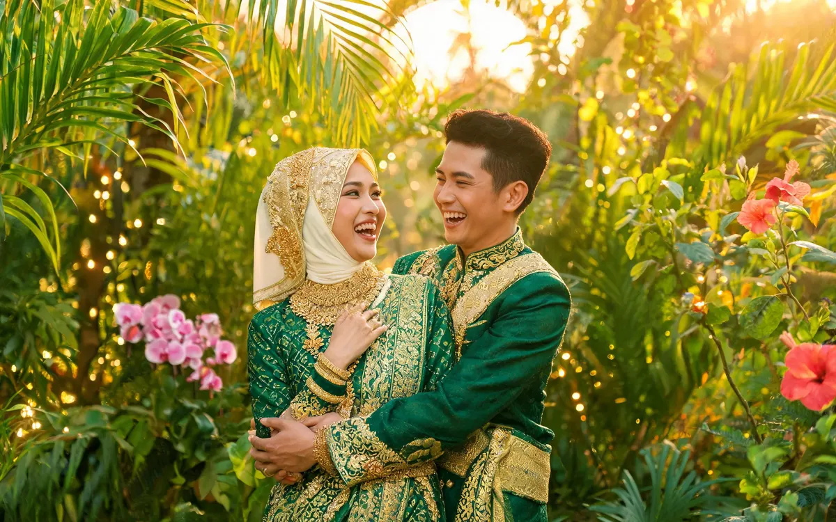 AI-generated website hero photo: wedding couple in songket attire at golden hour